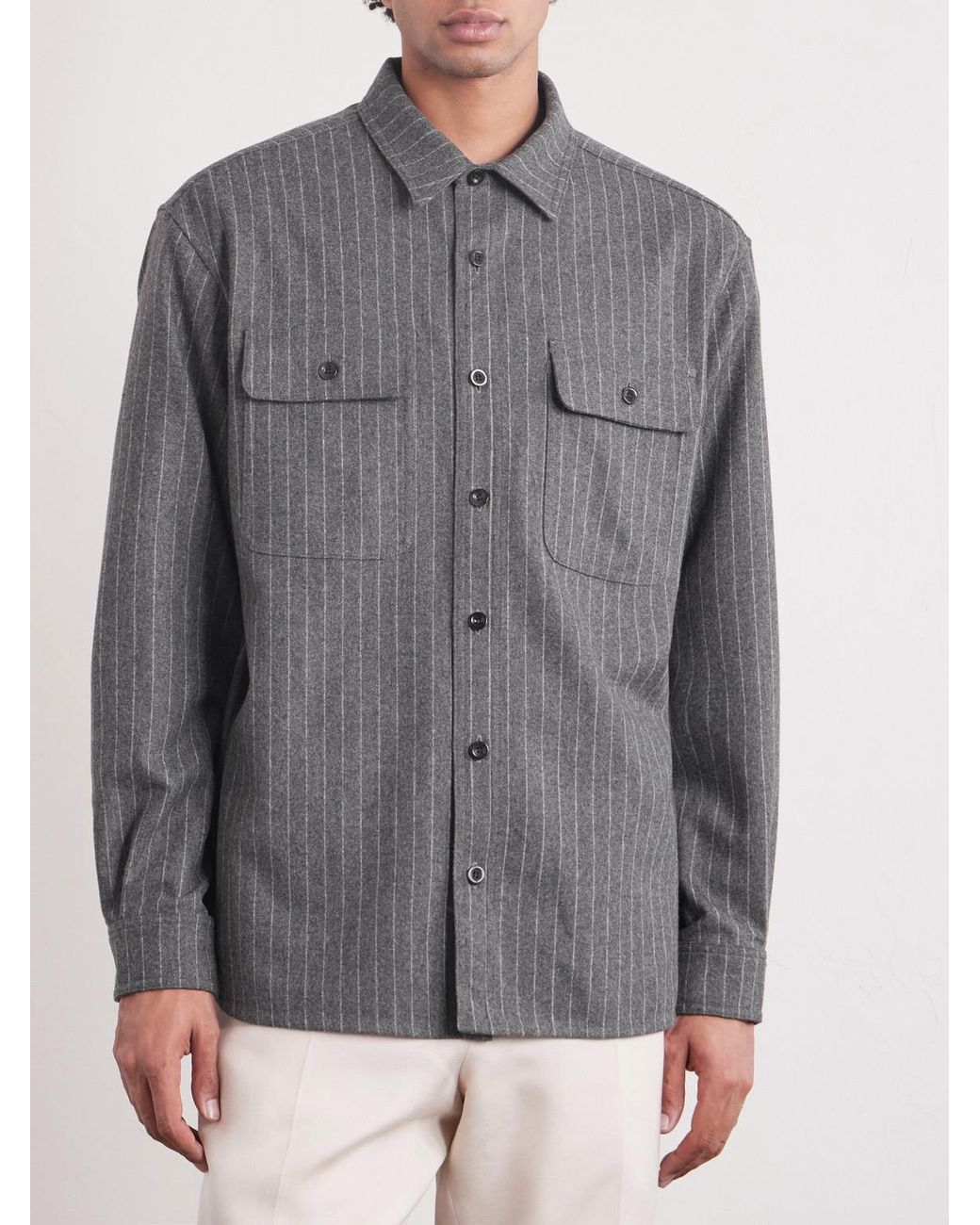 Ralph Lauren Gray Pinstriped Super 150S Wool-Flannel Shirt for men
