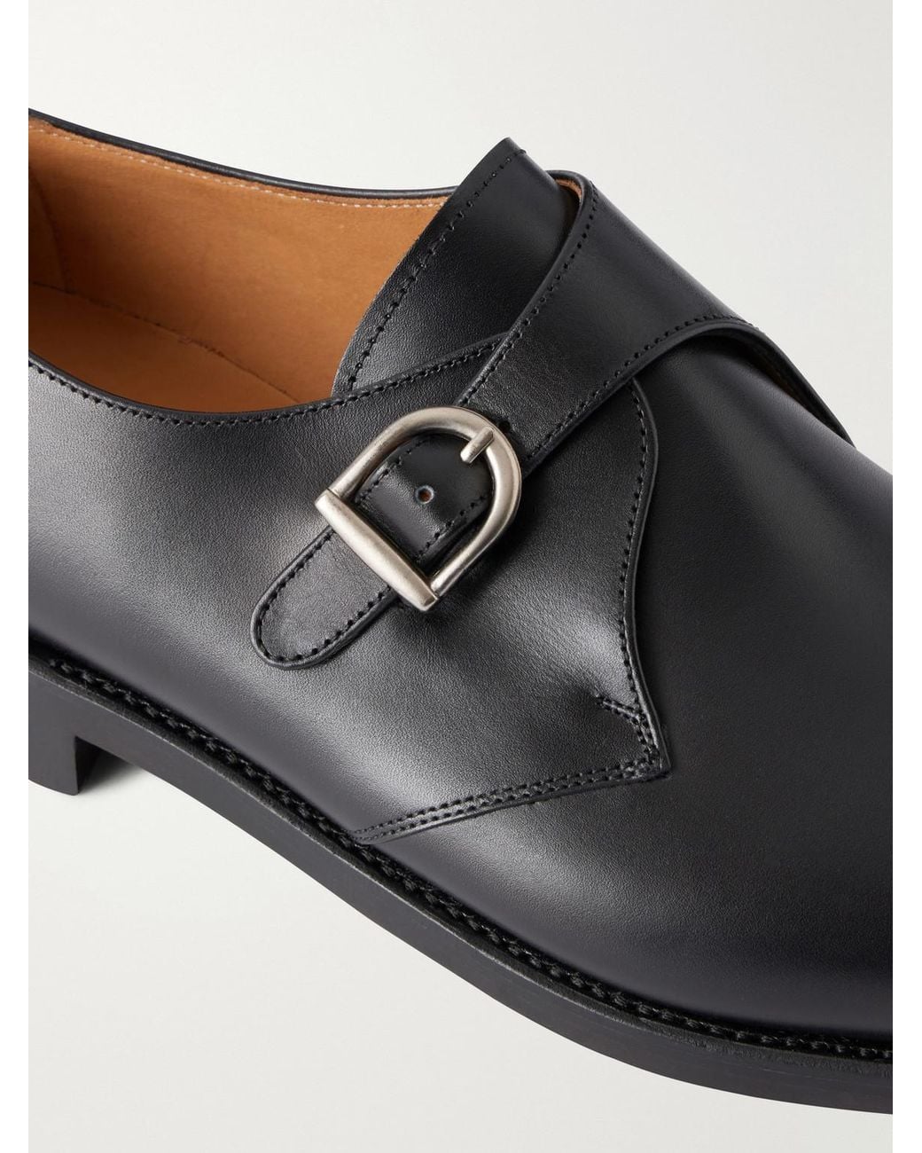 Morjas Black Leather Monk-Strap Shoes for men