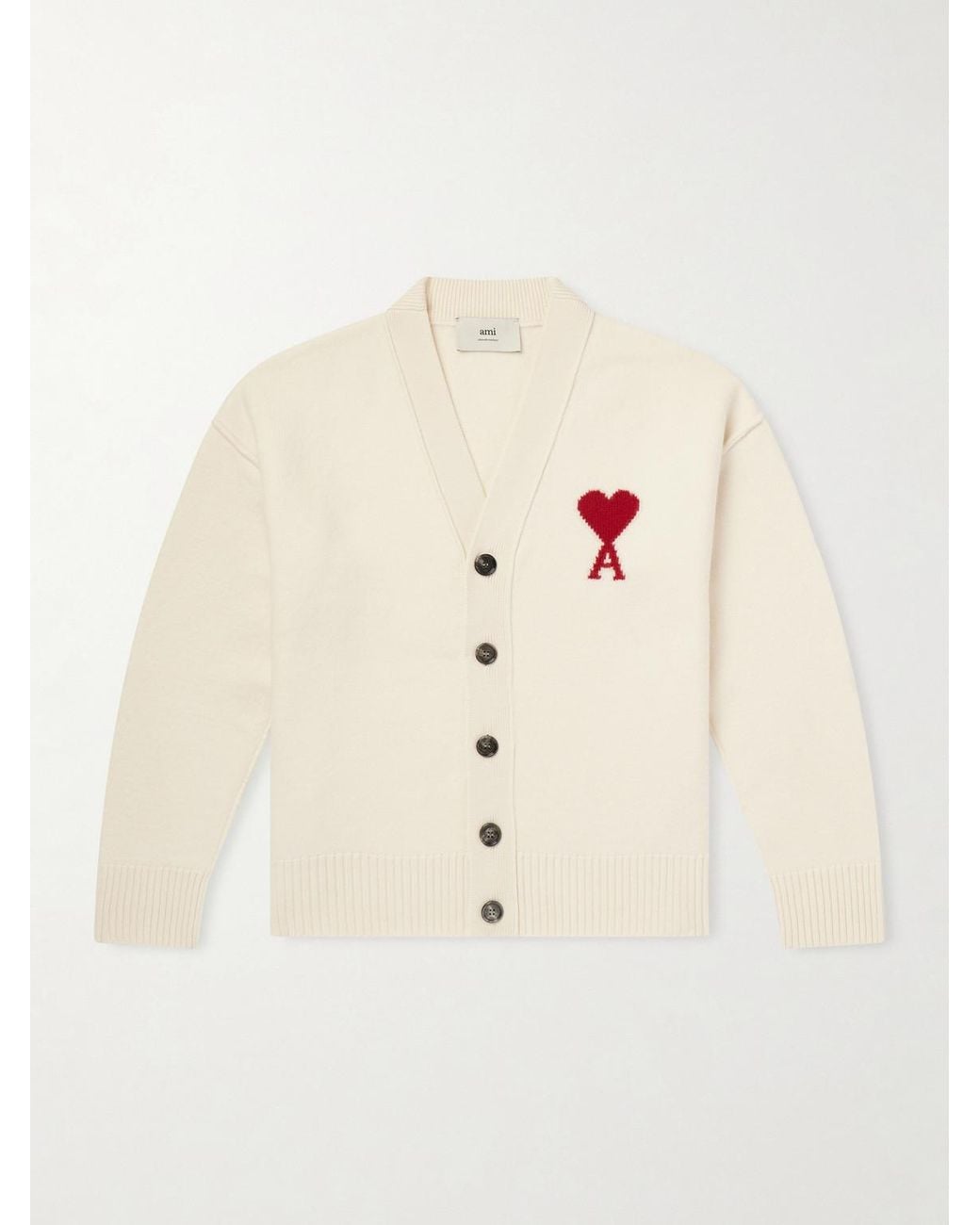 AMI Natural Logo-Intarsia Merino Wool Cardigan for men