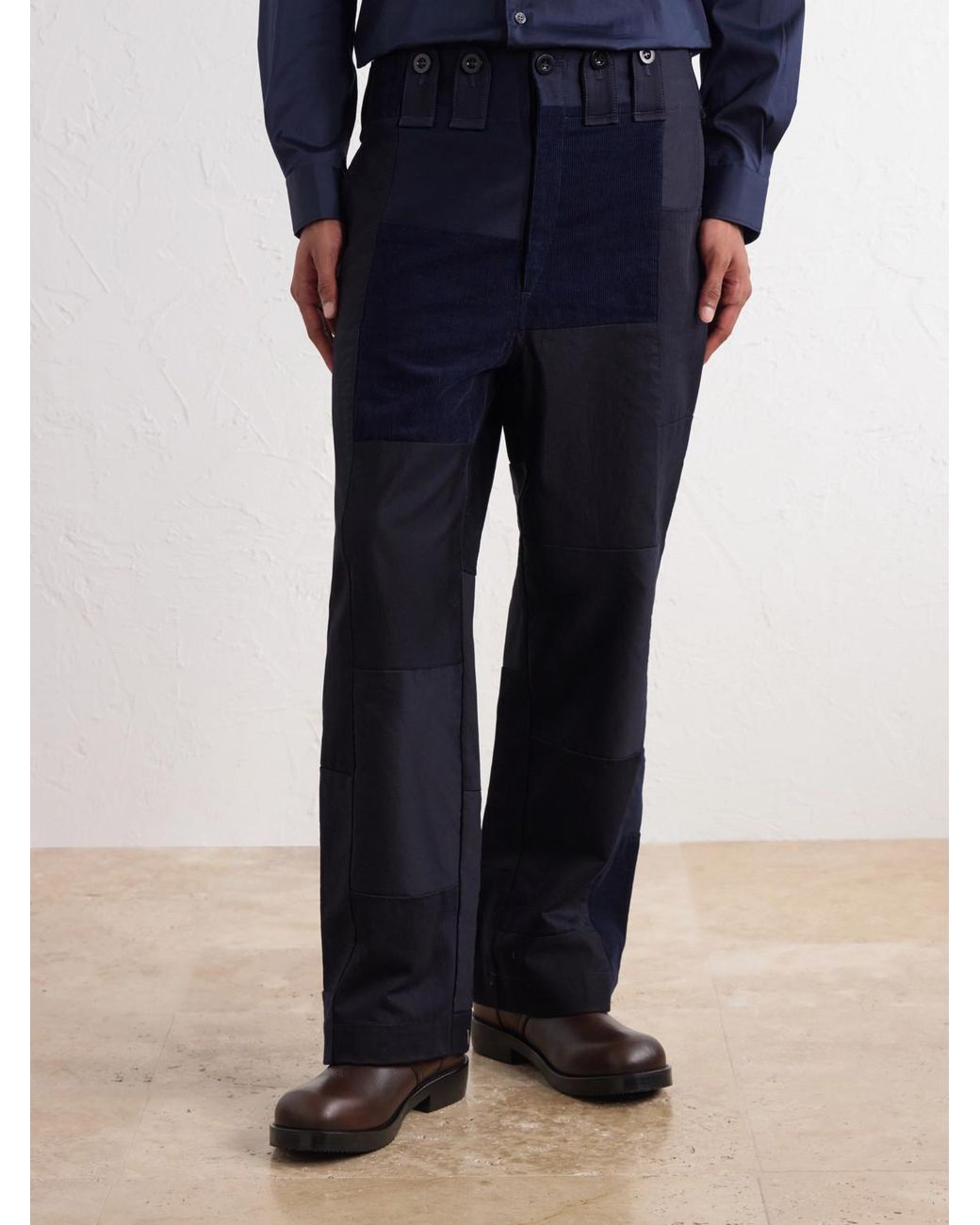 Junya Watanabe Blue Patchwork Straight-Leg Panelled Cotton-Twill Trousers for men