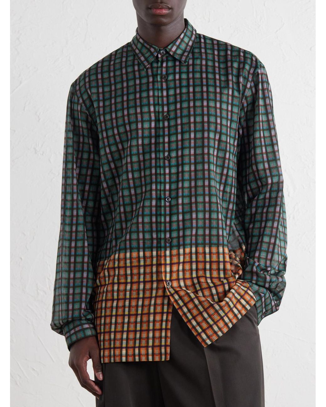 Dries Van Noten Blue Panelled Checked Cotton-Voile Shirt for men
