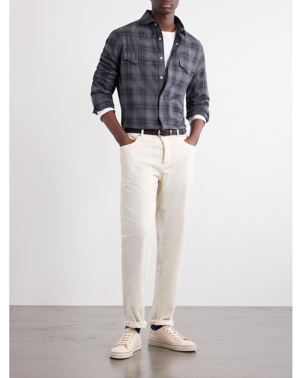 Brunello Cucinelli Blue Checked Cotton-Flannel Shirt for men
