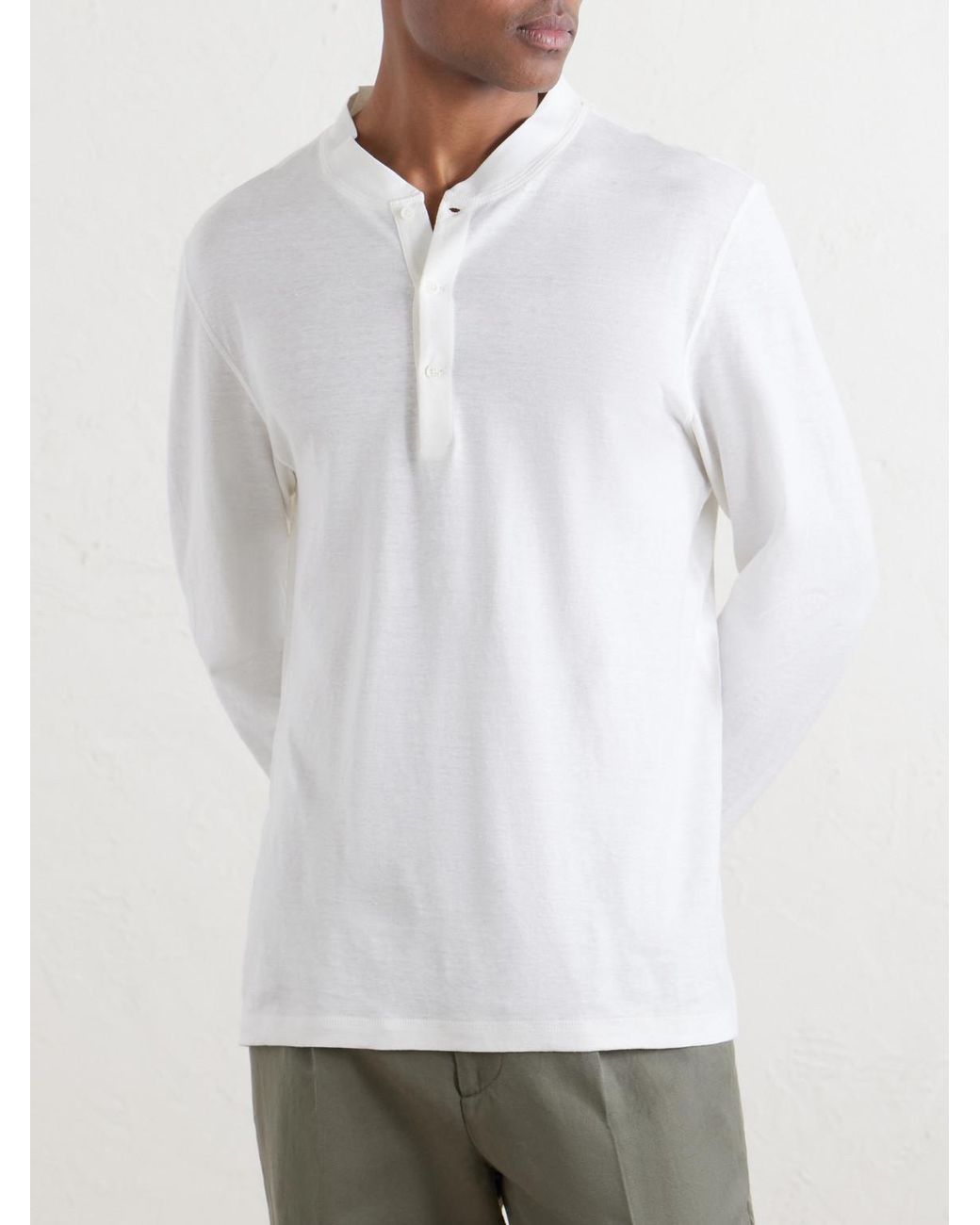 Brunello Cucinelli White Linen And Cotton-Blend Henley T-Shirt for men