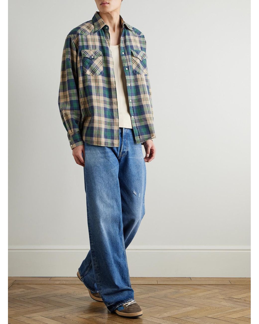 Kapital Blue Columbia Checked Cotton-Flannel Western Shirt for men