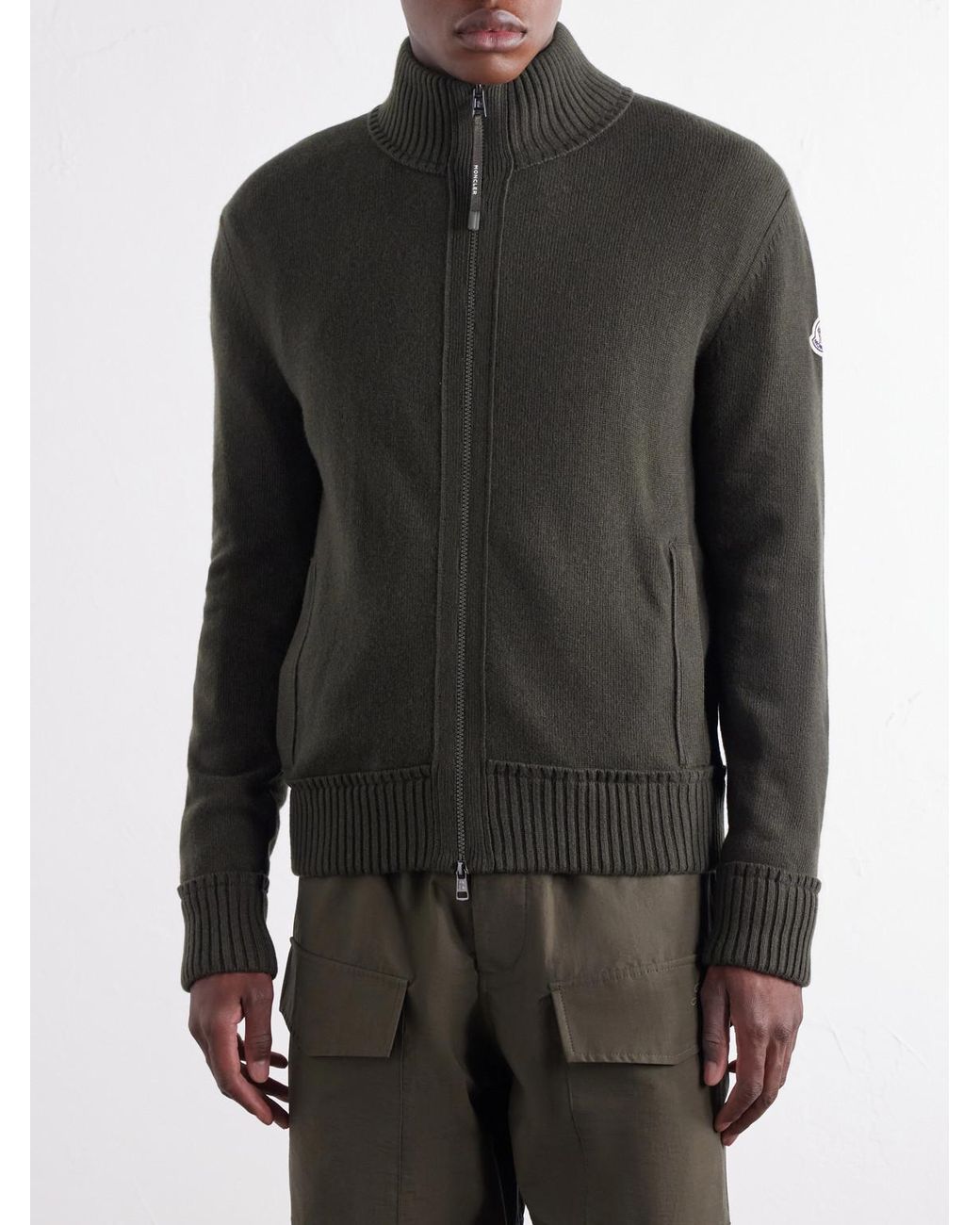 Moncler Green Logo-Appliquéd Wool And Cashmere-Blend Zip-Up Cardigan for men