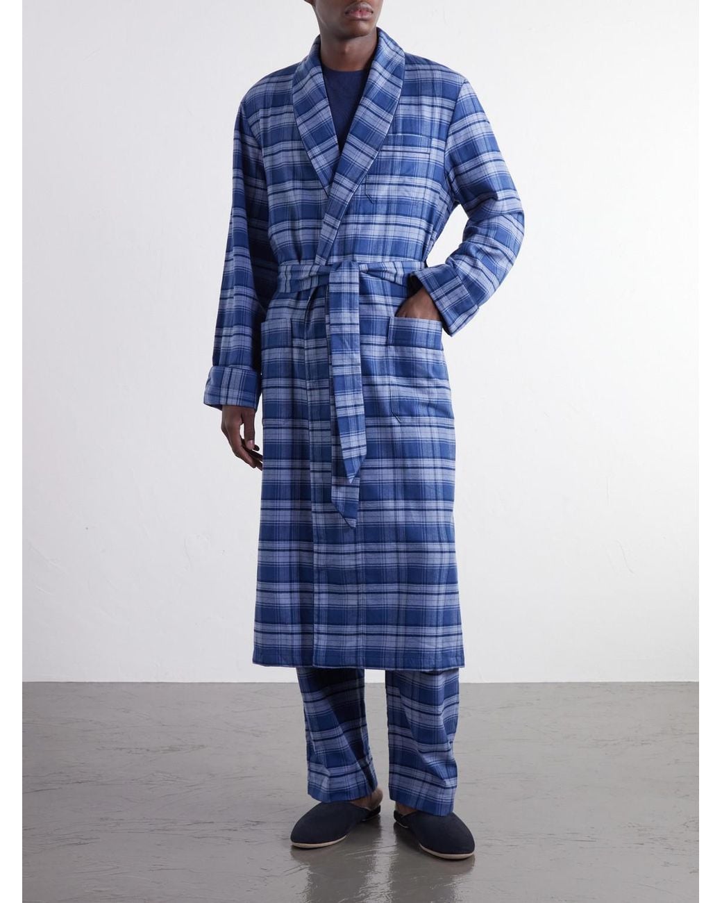 Derek Rose Blue Kelburn Belted Checked Brushed Cotton-Flannel Robe for men