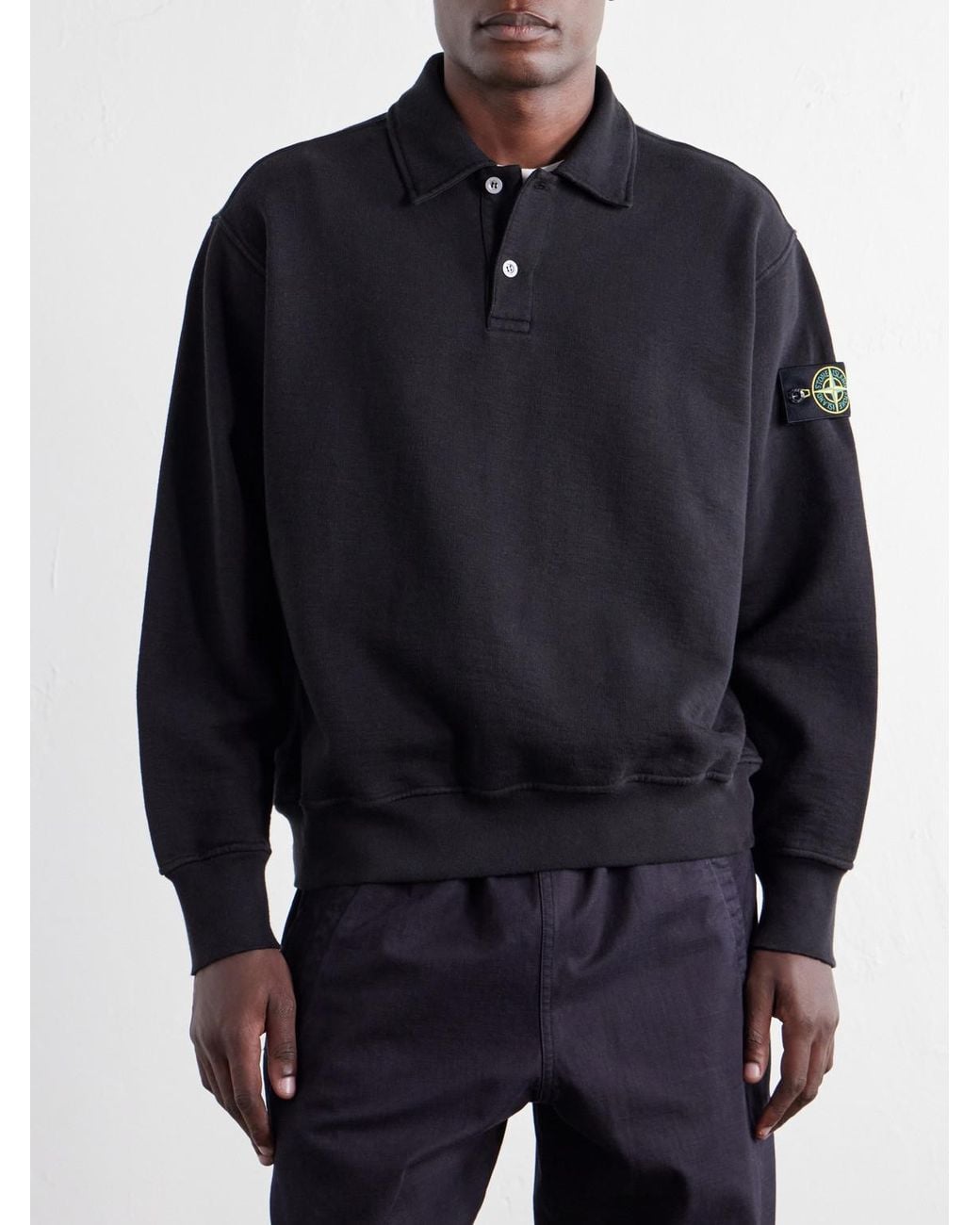 Stone Island Blue Garment-Dyed Tubular Cotton-Fleece Polo Sweater for men