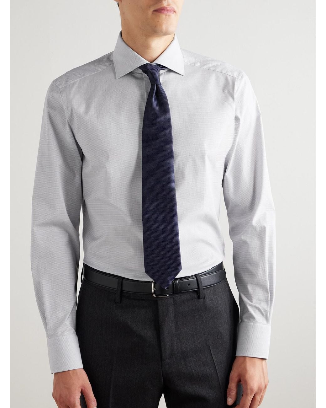Zegna Gray Cutaway-Collar Micro-Checked Trofeo Cotton-Poplin Shirt for men