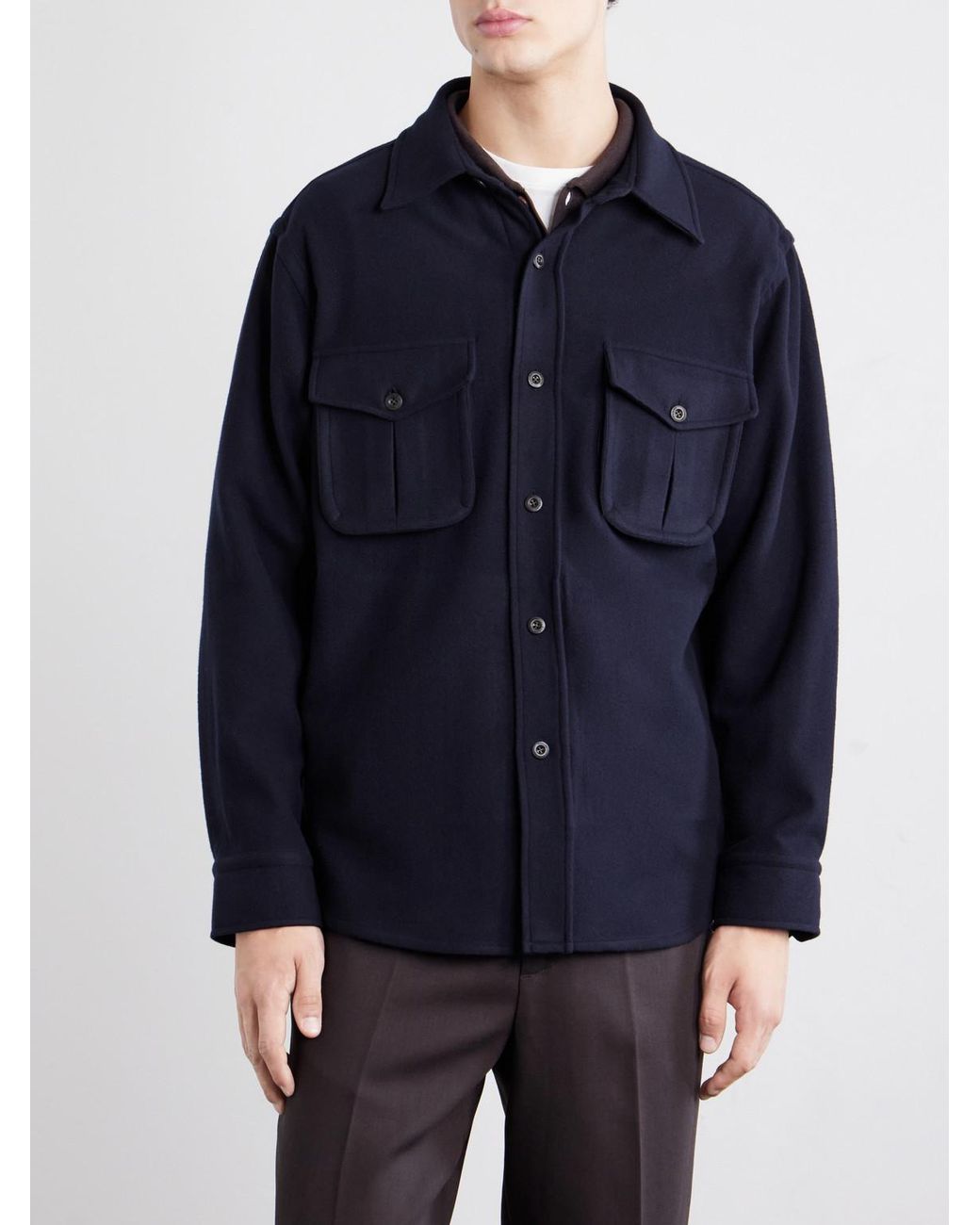 Caruso Blue Brushed Wool Overshirt for men