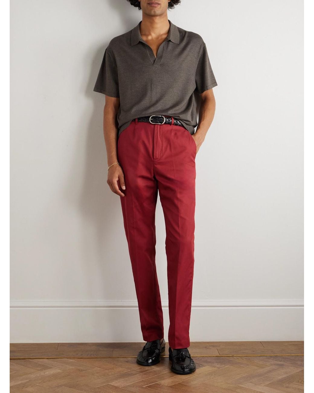 Dunhill Red Slim-Fit Straight-Leg Pleated Cotton-Gabardine Chinos for men