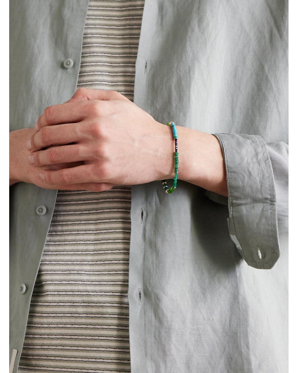 Peyote Bird Green Forest Grove Sterling Multi-Stone Bracelet for men