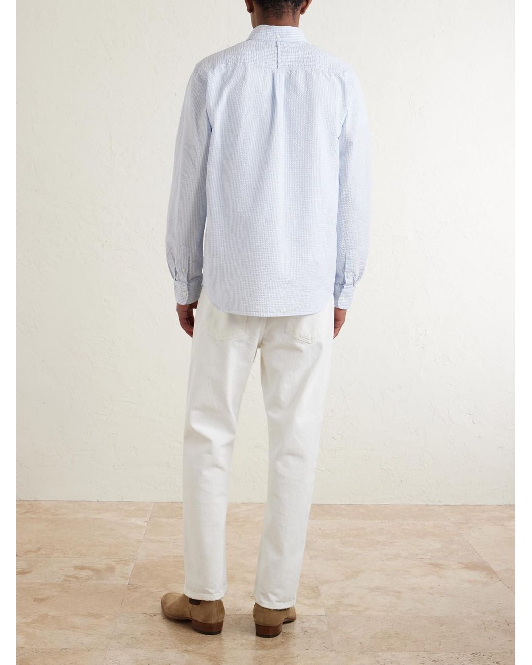 Mr P. White Button-Down Collar Striped Cotton-Seersucker Shirt for men