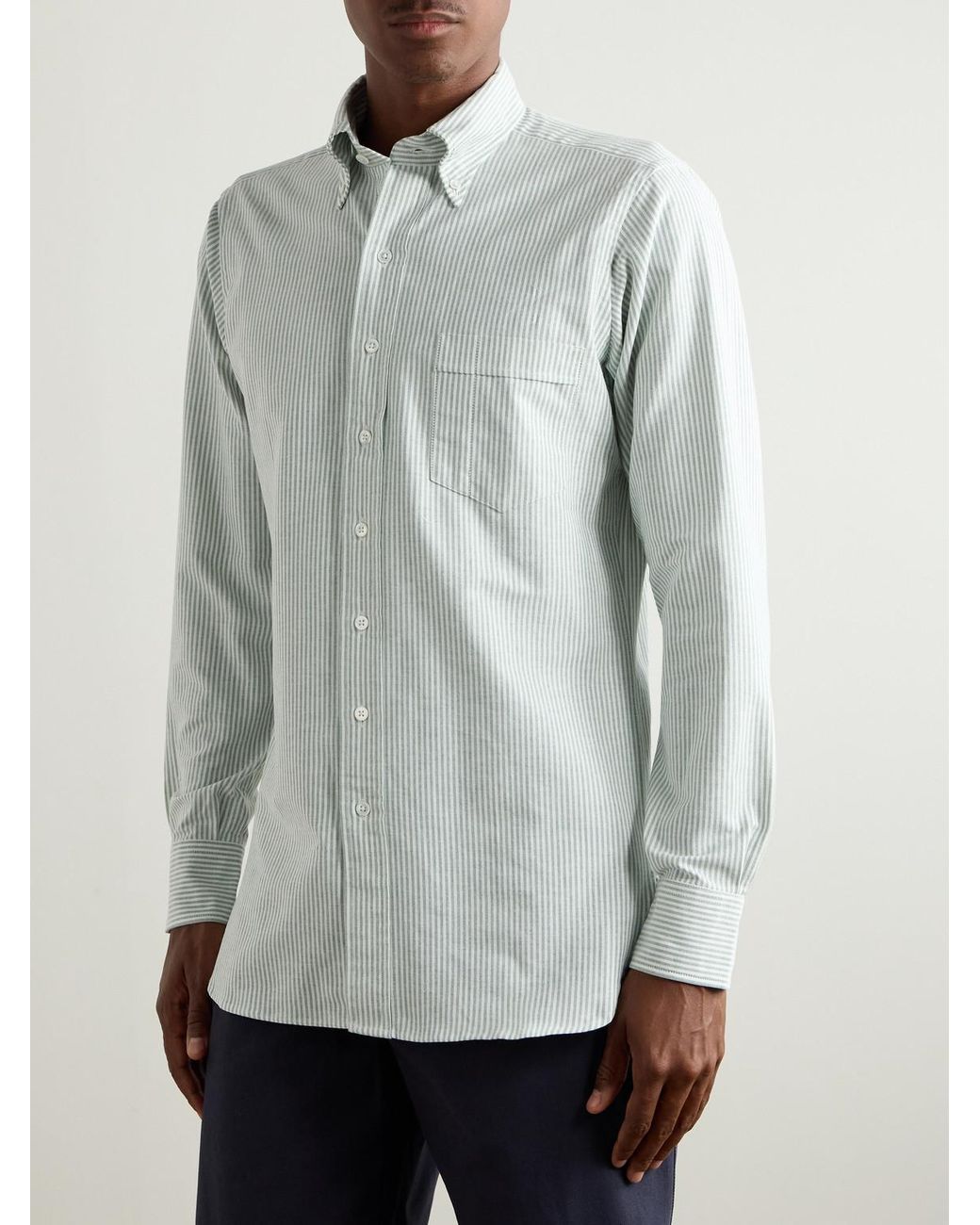 Button-Down Collar Striped Cotton Oxford Shirt di Drake's in White da Uomo
