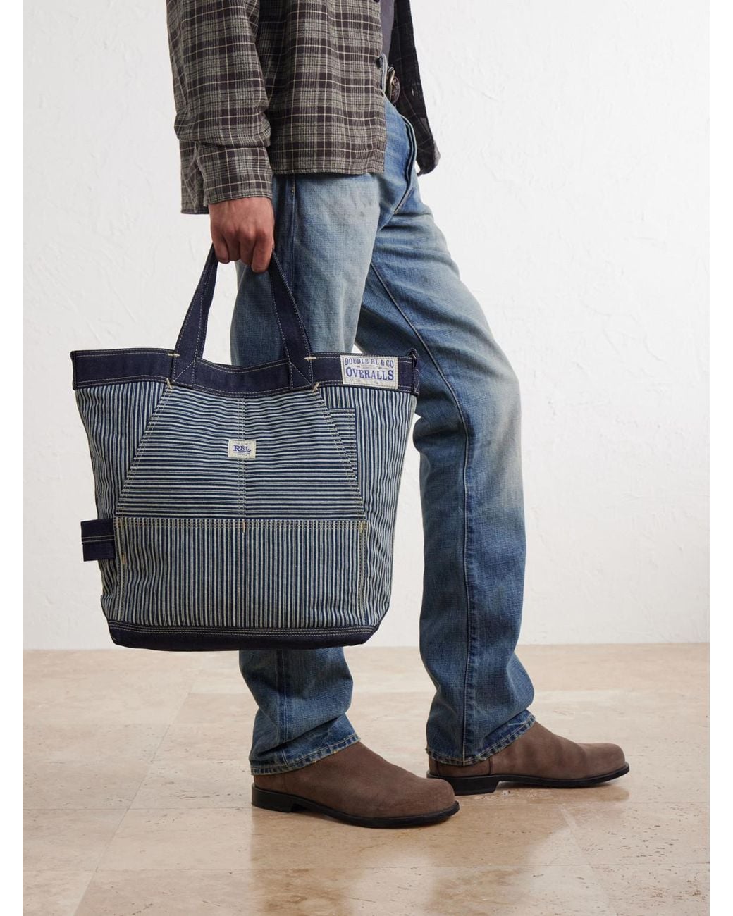 RRL Blue Striped Denim-Trimmed Cotton-Twill Tote Bag for men