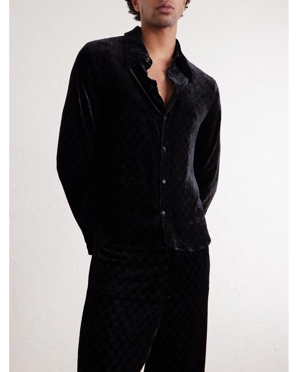 Gucci Blue Classic-Collar Slim-Fit Logo-Devoré Velvet Shirt for men