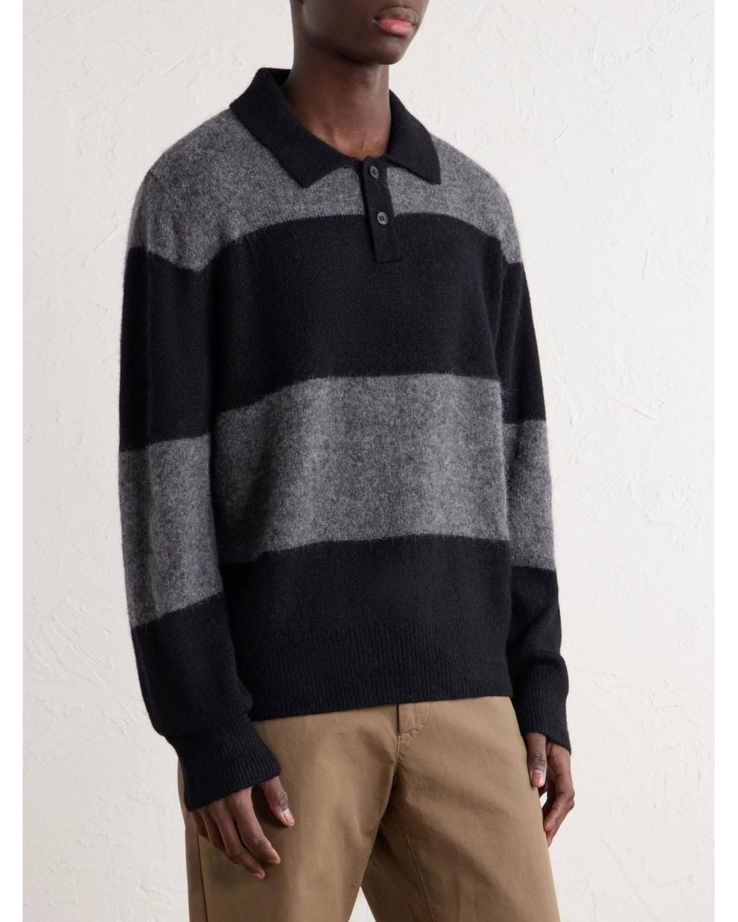 Corridor NYC Black Striped Woven Brushed Alpaca-Blend Polo Sweater for men