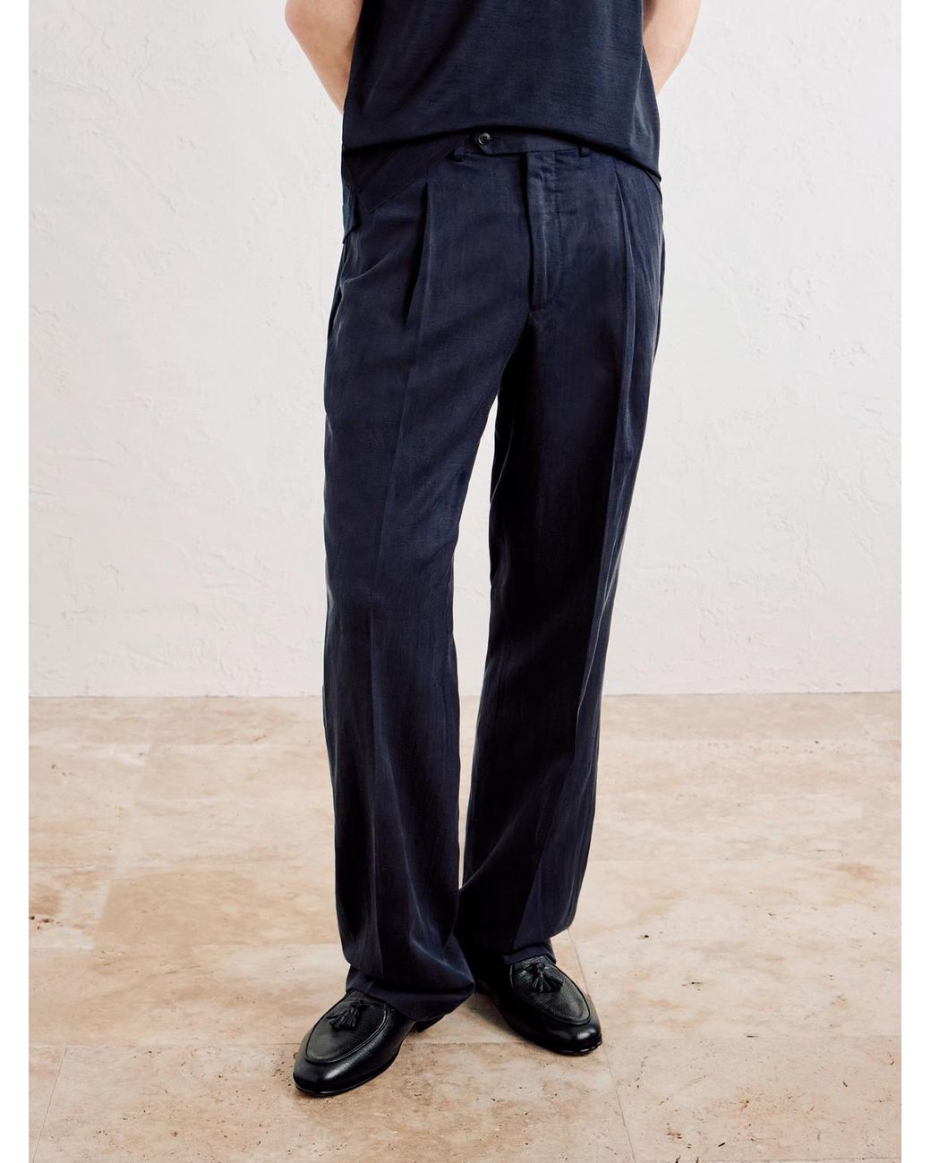 Saman Amel Blue Amo Straight-leg Pleated Silk And Linen-blend Suit Trousers for men
