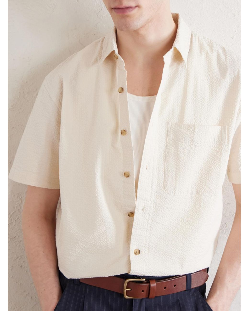 Aimé Leon Dore Natural Cropped Cotton-Seersucker Shirt for men