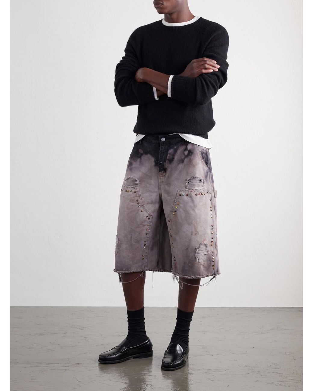 Satoshi Nakamoto Gray Danny's Straight-Leg Embellished Distressed Denim Shorts for men