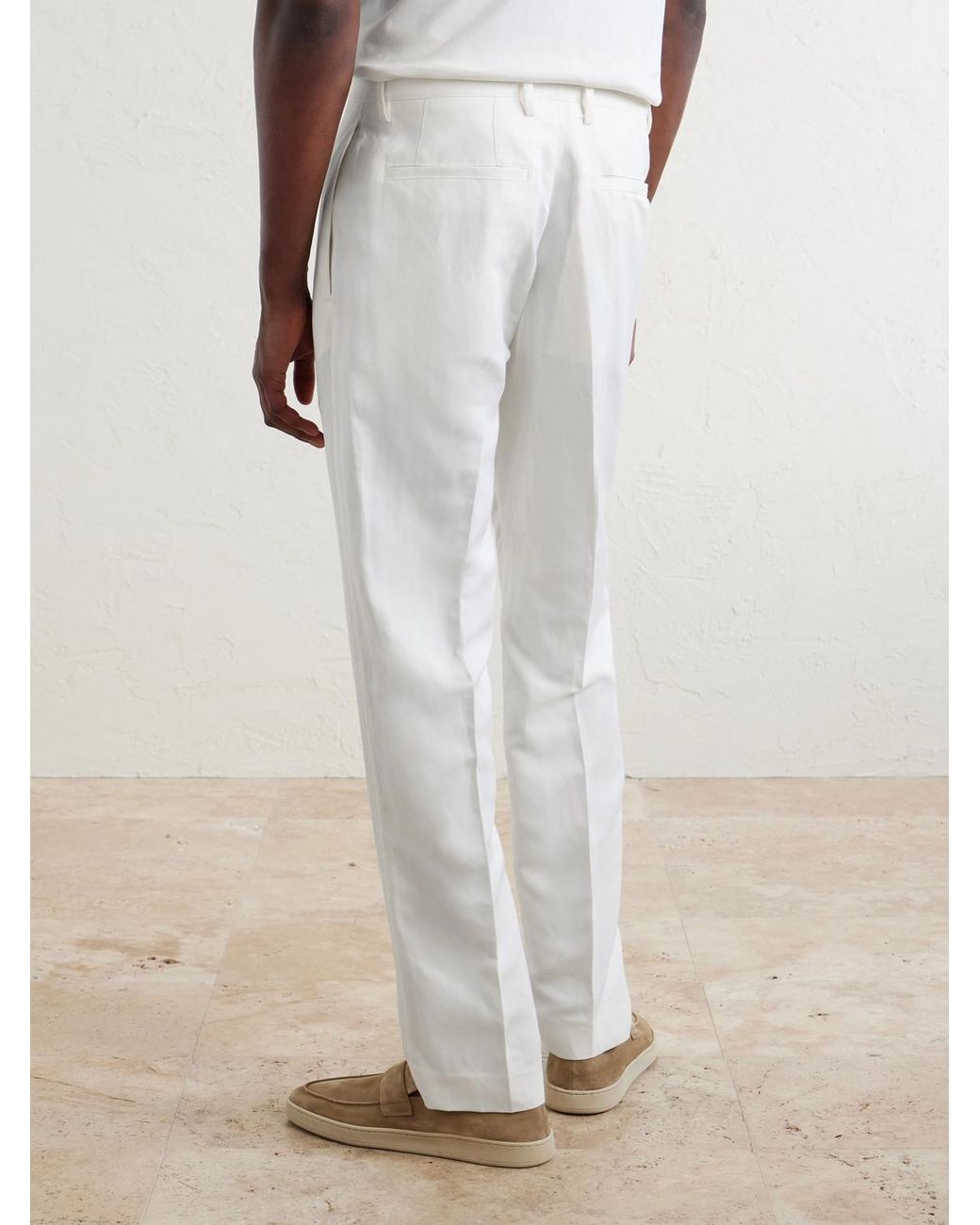 Canali White Mamhood Straight-Leg Pleated Linen And Silk-Blend Trousers for men