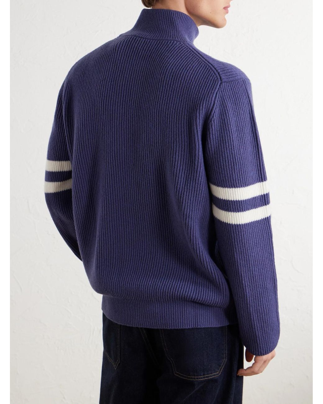 Canada Goose Blue Mckinney Logo-Appliquéd Striped Ribbed Wool Half-Zip Sweater for men