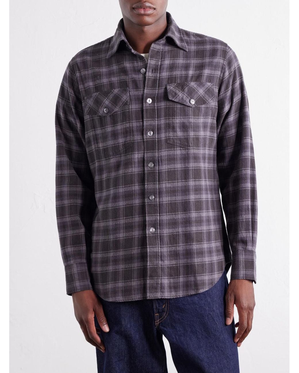 Drake's Purple Checked Cotton And Silk-Blend Twill Shirt for men