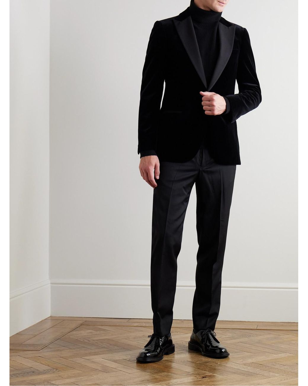 Mr P. Black Slim-Fit Twill-Trimmed Cotton-Velvet Tuxedo Jacket for men