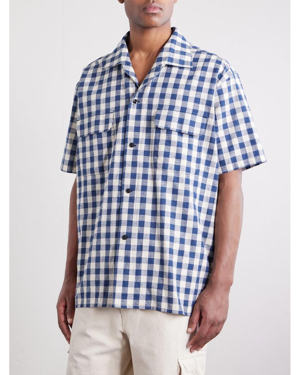 Monitaly Blue Milano Gingham Cotton And Linen-Blend Shirt for men