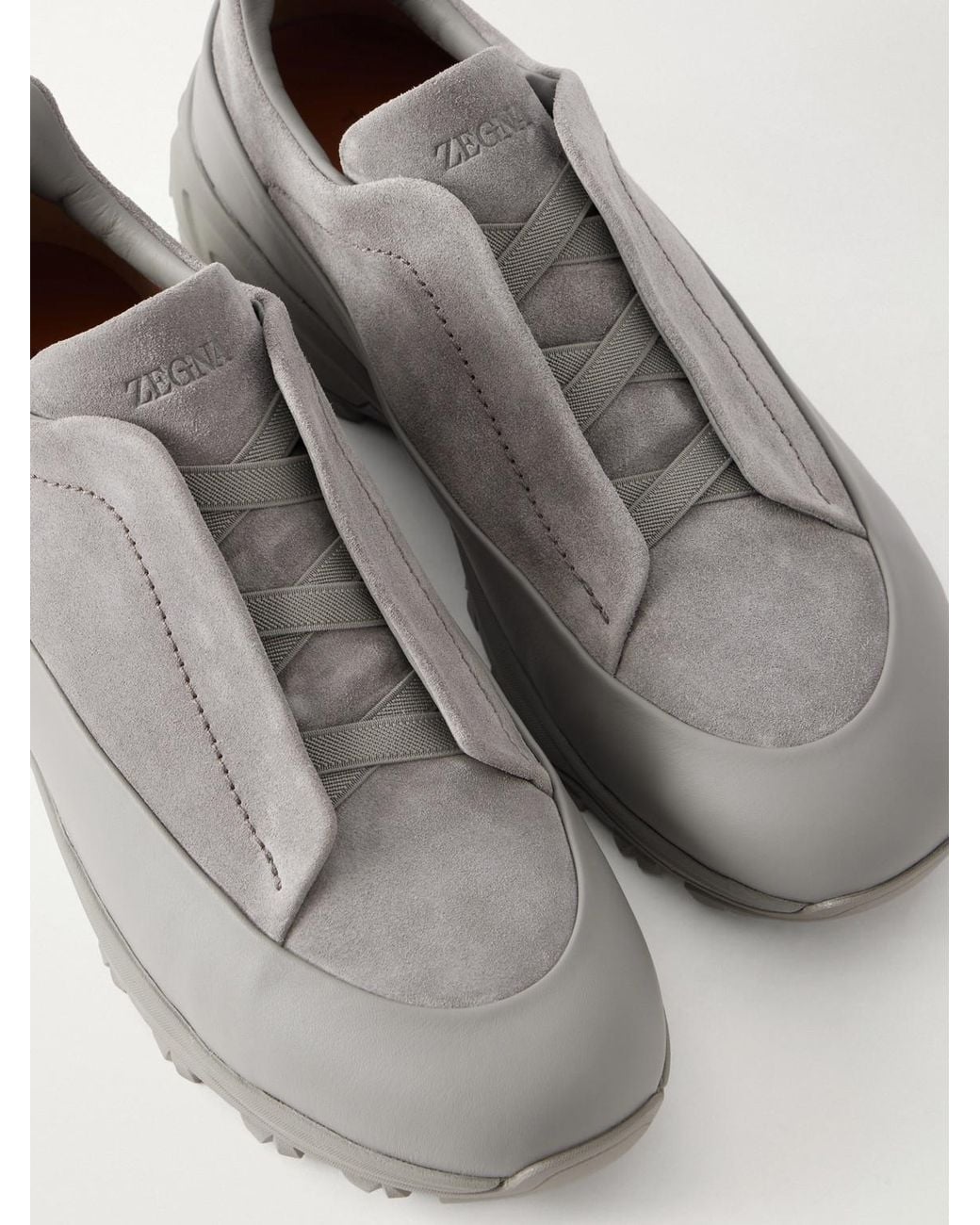 Zegna Gray Triple Stitch Monte Leather-Trimmed Suede Slip-On Sneakers for men