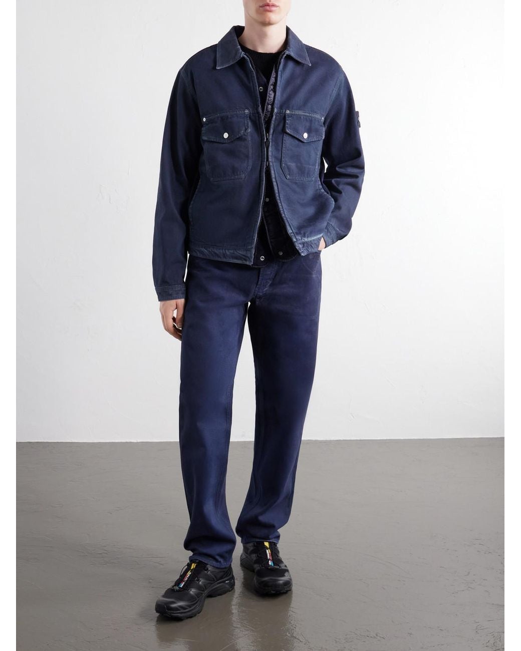 Stone Island Blue Denim Research Collection Garment-Dyed Reflective Padded Denim Jacket for men