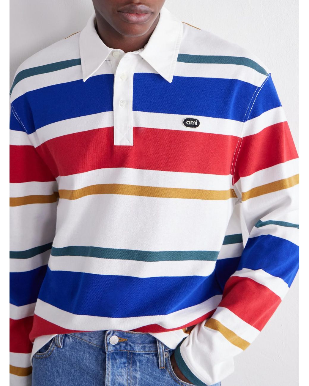AMI Blue Logo-Appliqué Striped Cotton-Jersey Polo Shirt for men