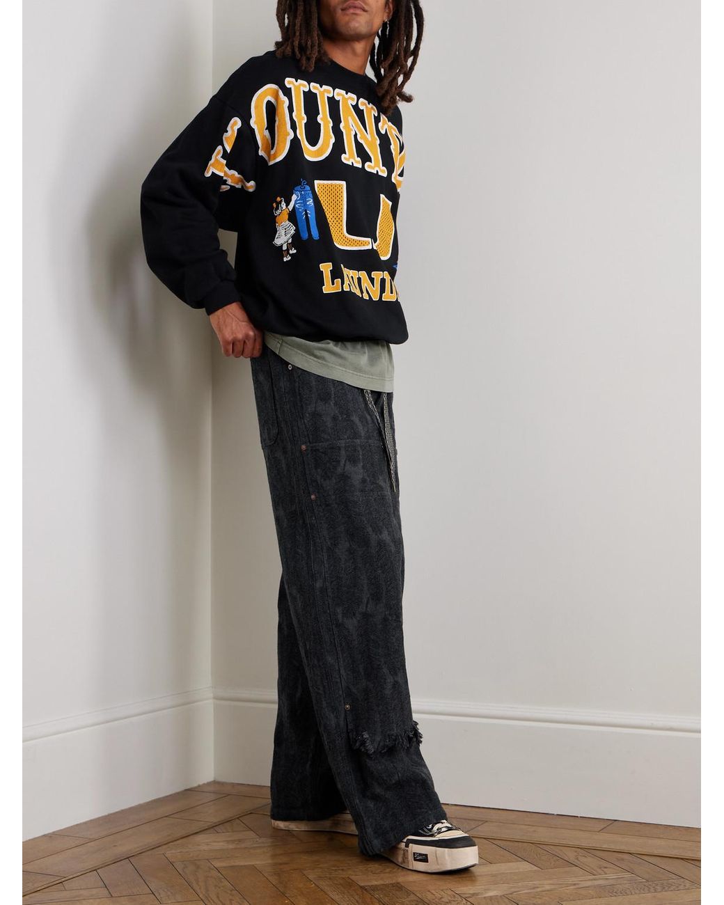 Kapital Black Magpie Easy Straight-Leg Cotton-Jacquard Drawstring Trousers for men