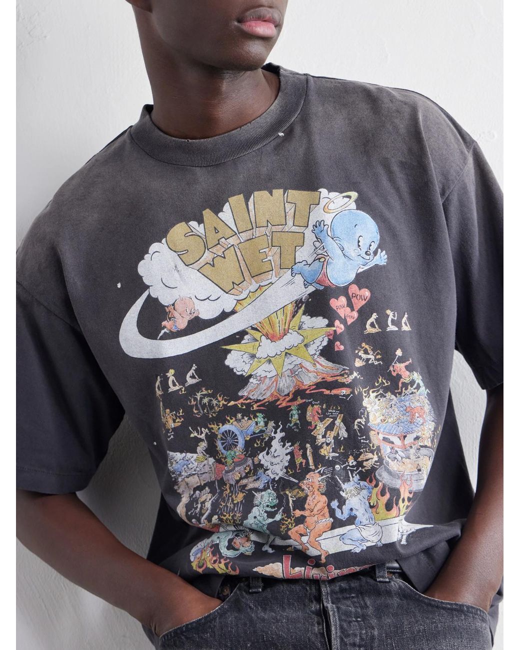 SAINT Mxxxxxx Blue Living Printed Distressed Cotton-Jersey T-Shirt for men