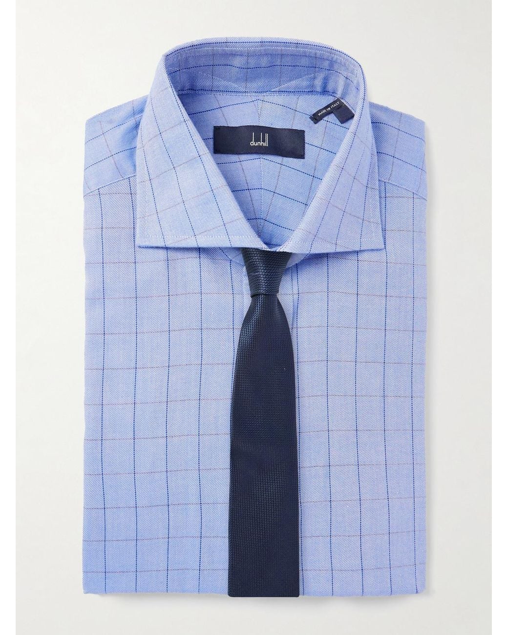 Dunhill Blue Giza Cutaway-collar Checked Cotton And Cashmere-blend Shirt for men