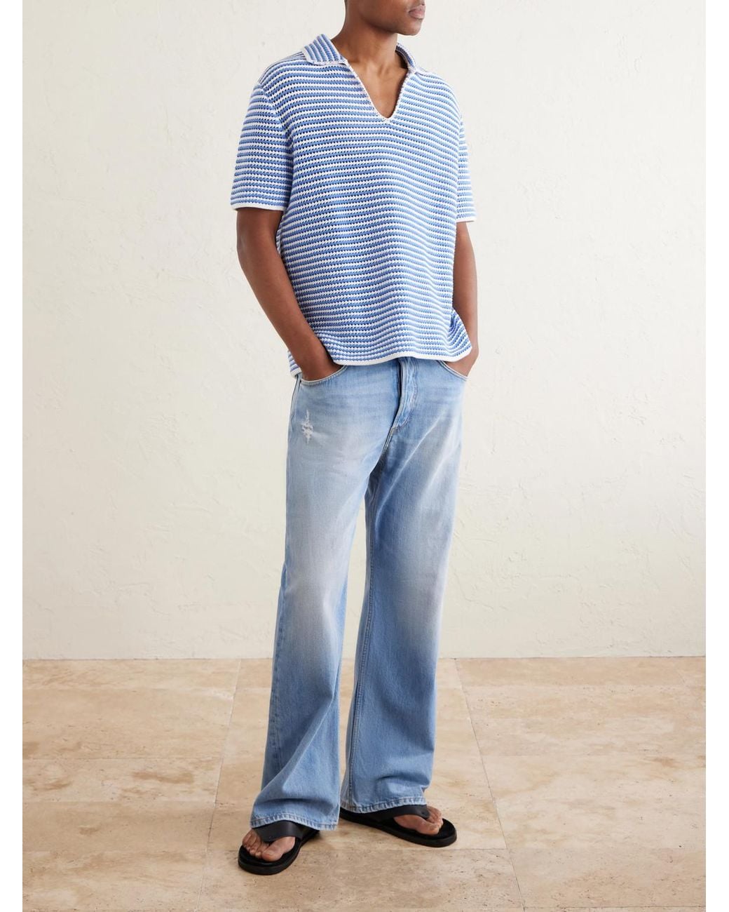 Orlebar Brown Blue Batten Striped Open-Knit Cotton Polo Shirt for men