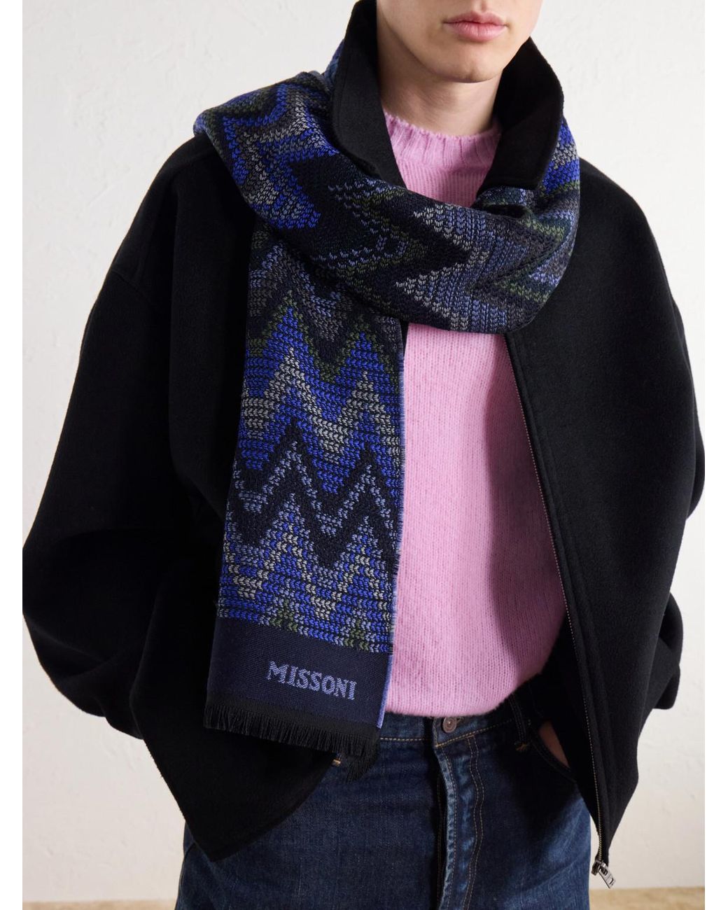 Missoni Blue Striped Crochet-Knit Wool Scarf for men