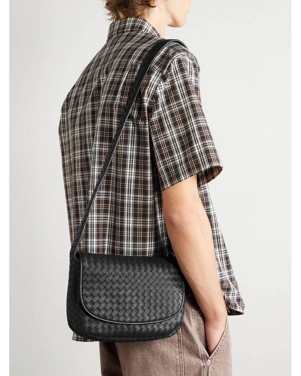 Bottega Veneta Black Intrecciato Leather Messenger Bag for men