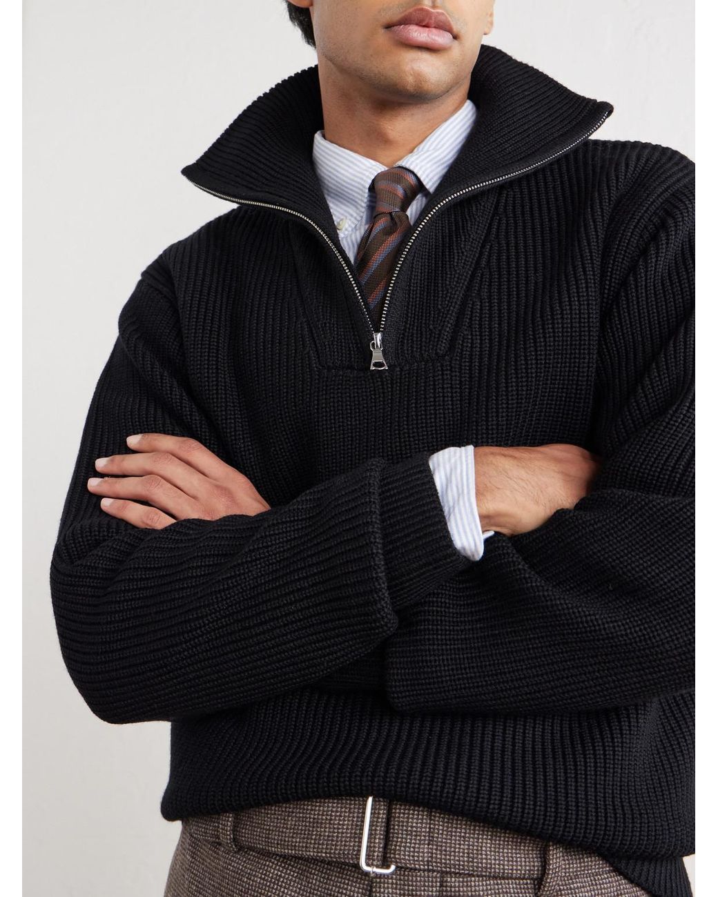 Officine Generale Black Tarek Ribbed Merino Wool Half-Zip Sweater for men
