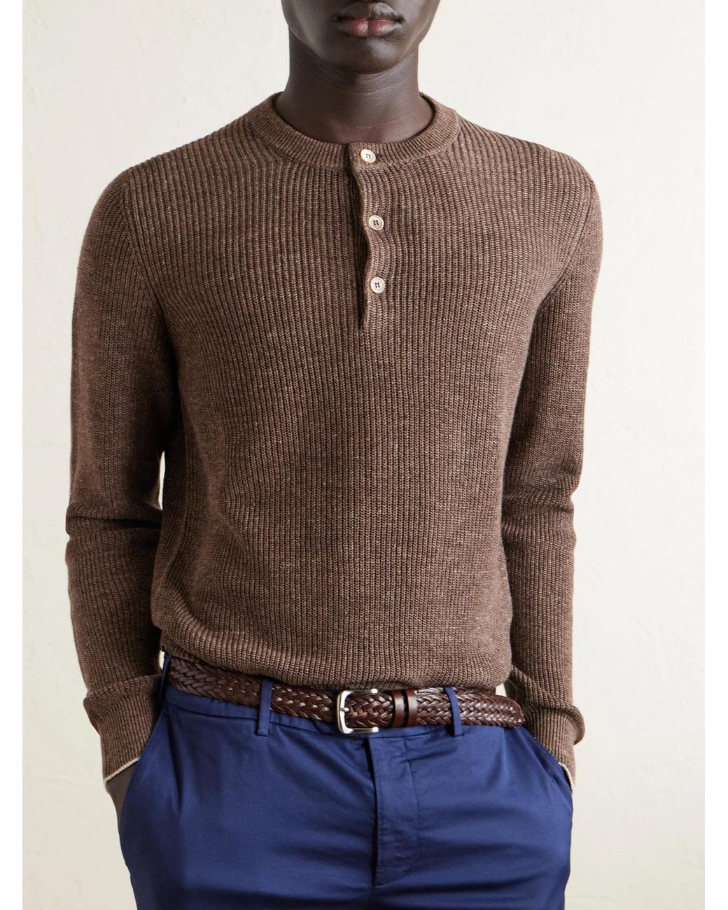 Ribbed Linen And Cotton-Blend Henley Sweater di Brunello Cucinelli in Brown da Uomo