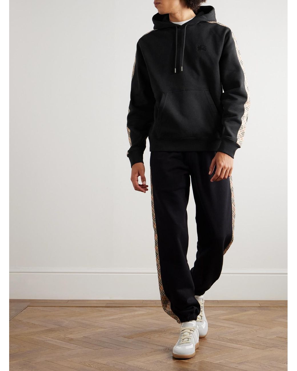 Burberry Black Checked Logo-Embroidered Cotton-Jersey Hoodie for men