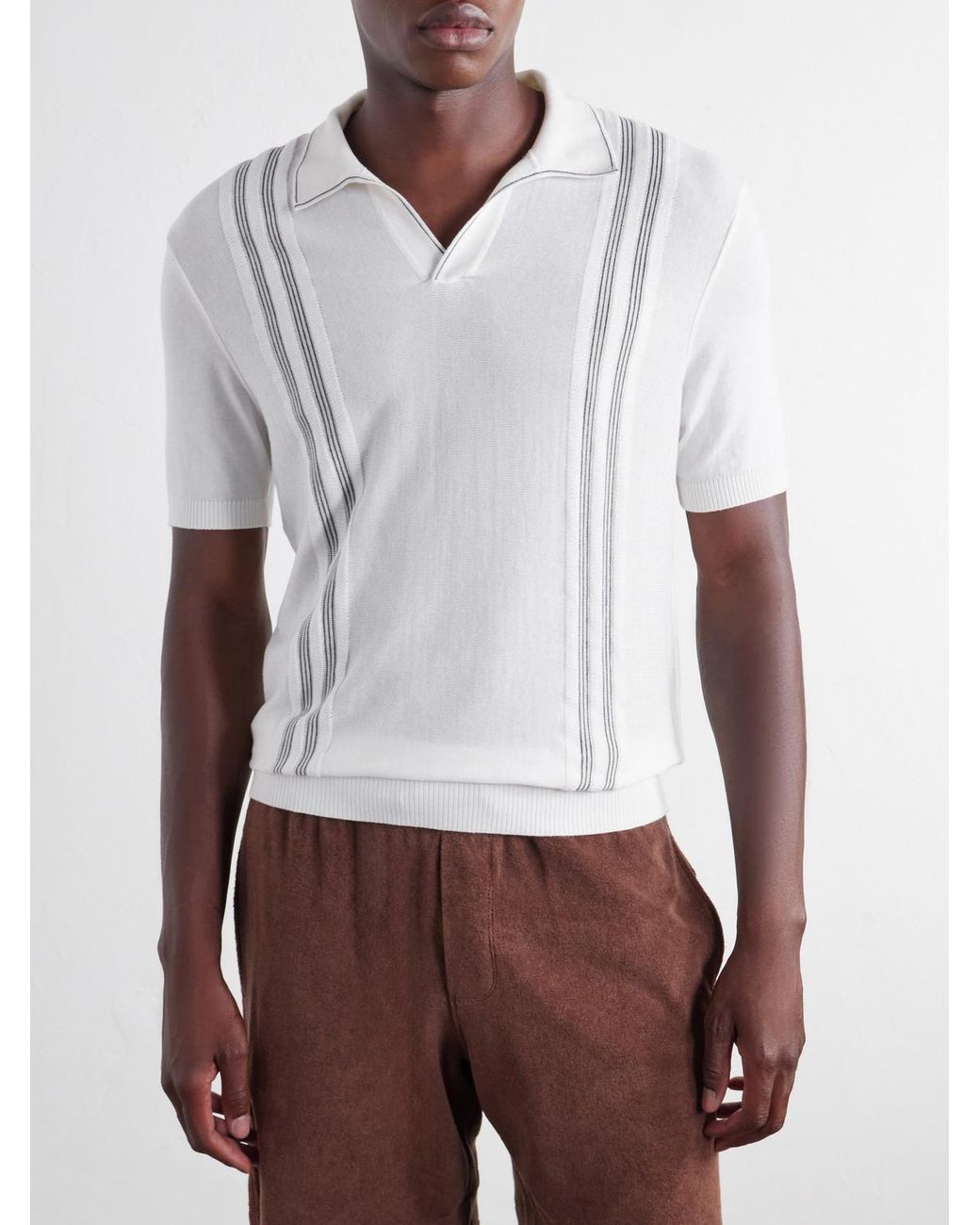 Orlebar Brown White Horton Striped Silk And Cotton-Blend Polo Shirt for men