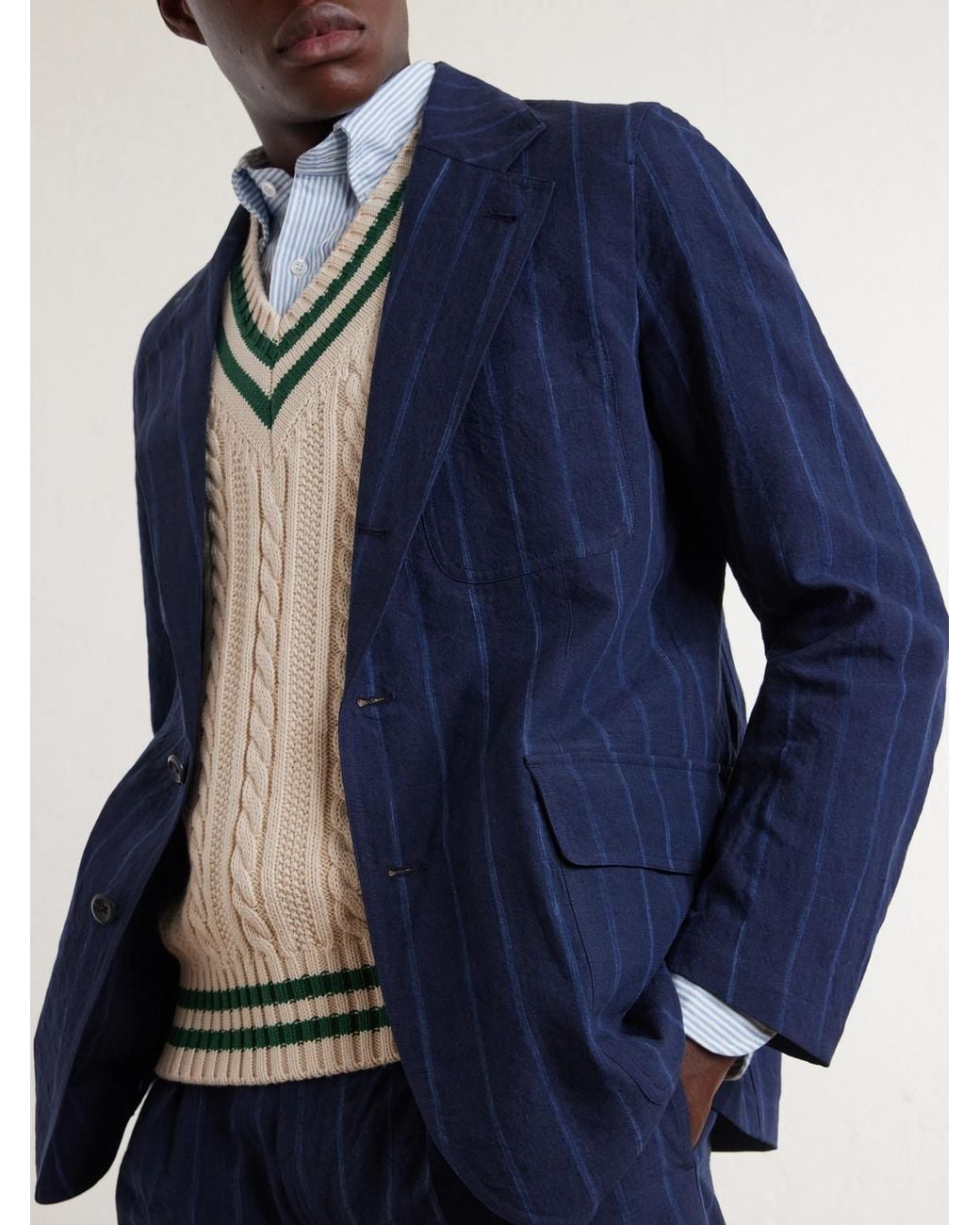Drake's Blue Games Pinstriped Linen And Cotton-blend Suit Jacket for men