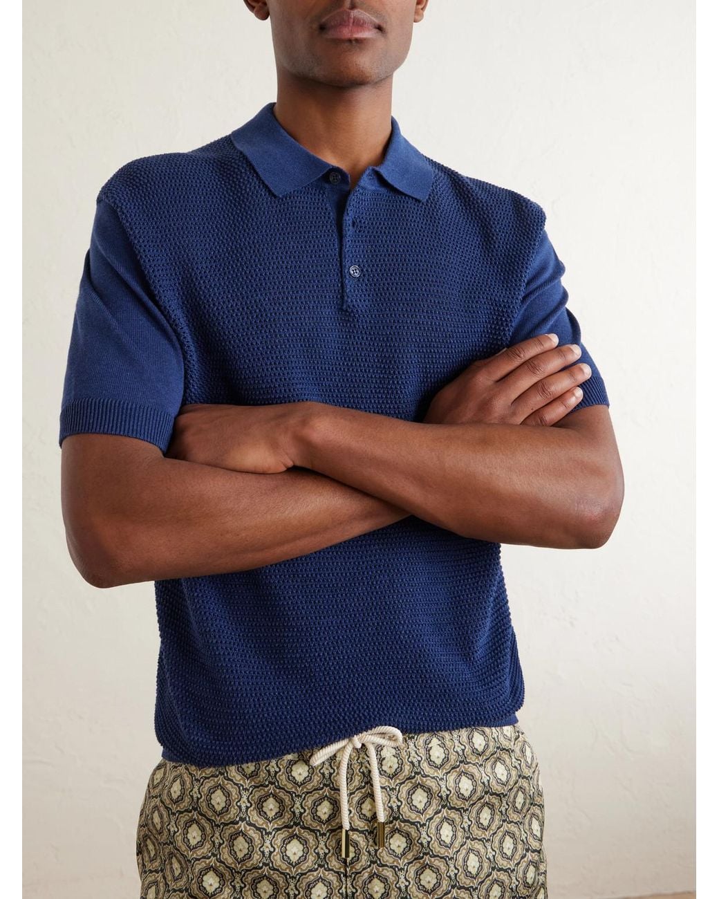 Orlebar Brown Blue Burnham Tie Stitch Linen-Blend Polo Shirt for men
