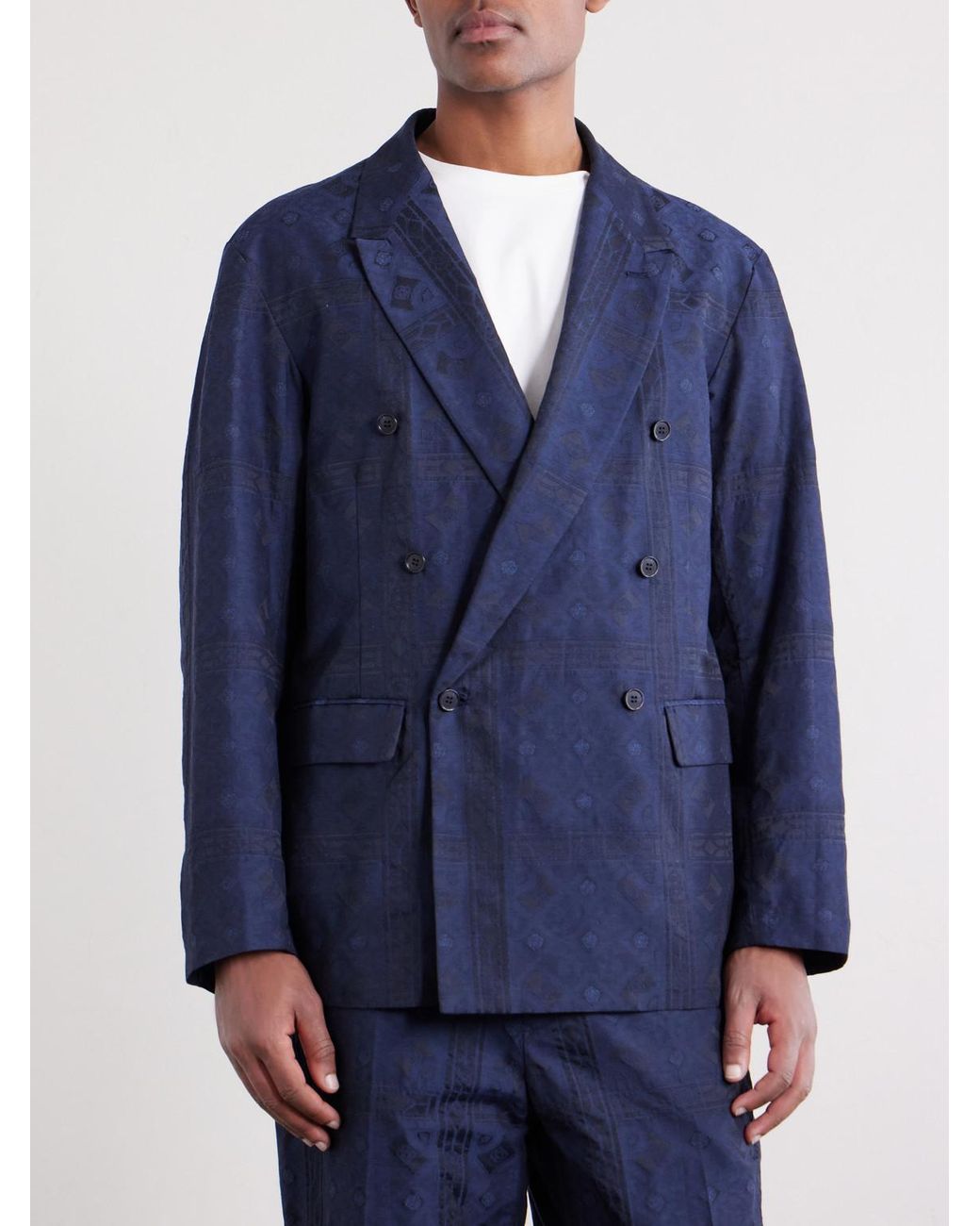 Blue Blue Japan Blue Double-breasted Cotton-blend Jacquard Suit Jacket for men