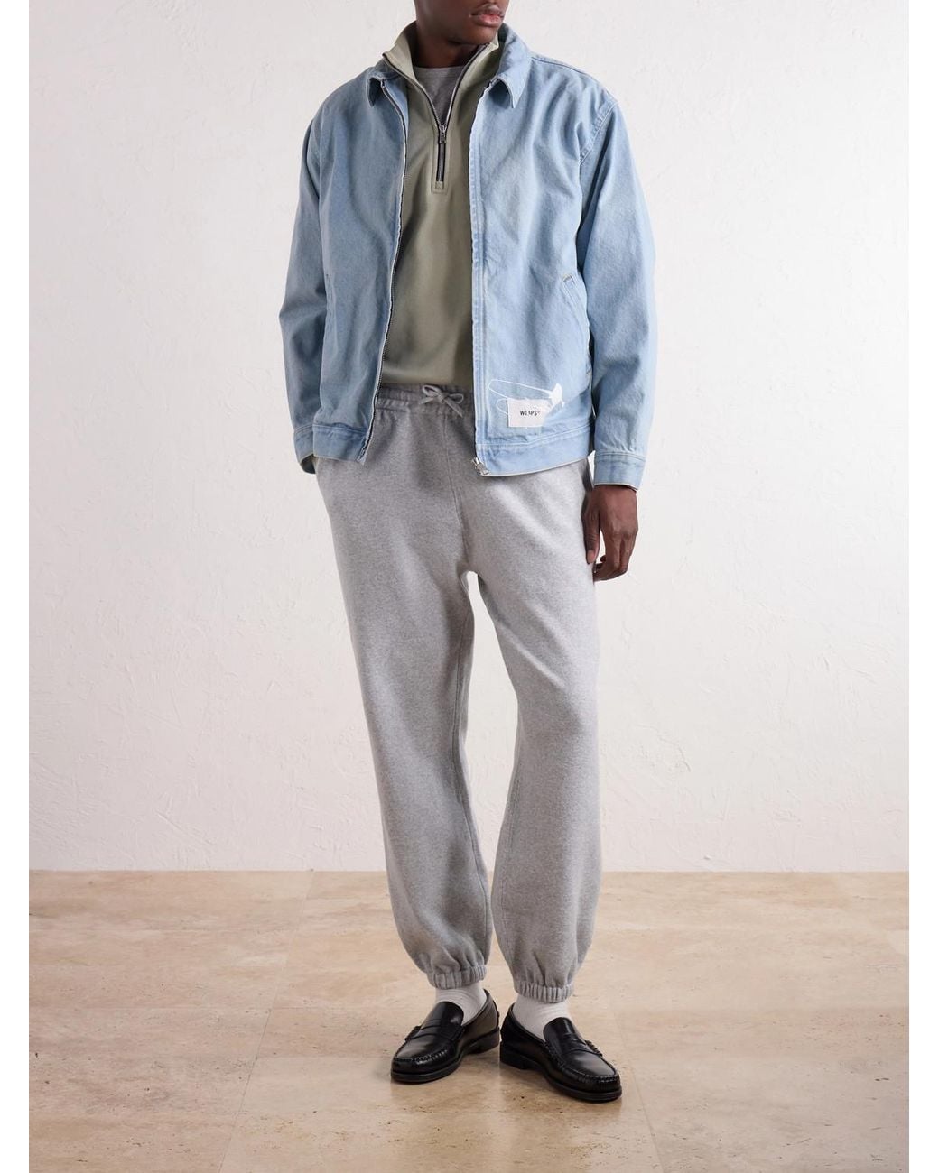 (w)taps Blue Wrecker Logo-Appliquéd Paint-Splattered Denim Jacket for men