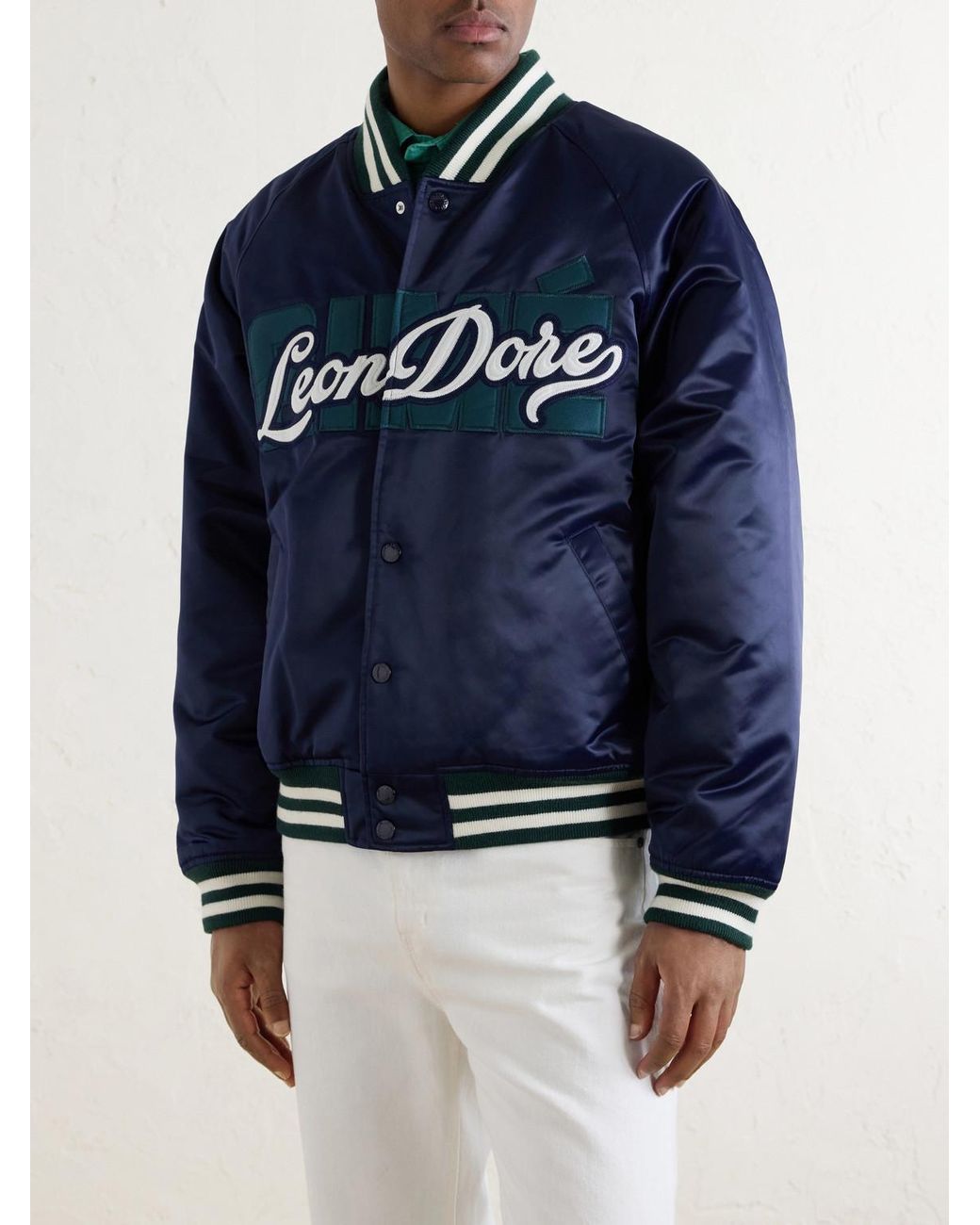 Aimé Leon Dore Blue Logo-Embroidered Satin Varsity Jacket for men