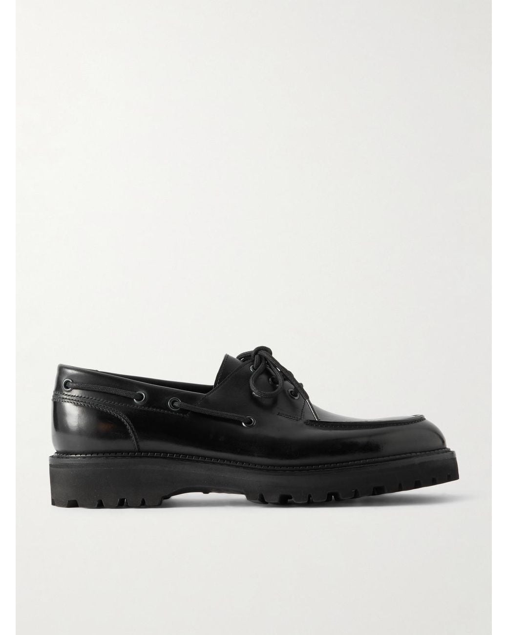 John Lobb Black Tide Glossed-Leather Boat Shoes for men