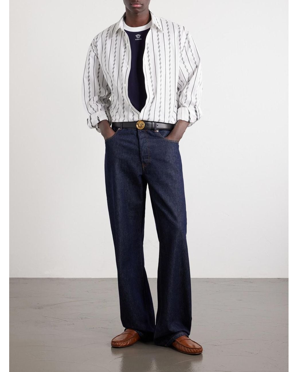 Versace White Striped Cotton-Blend Jacquard Shirt for men