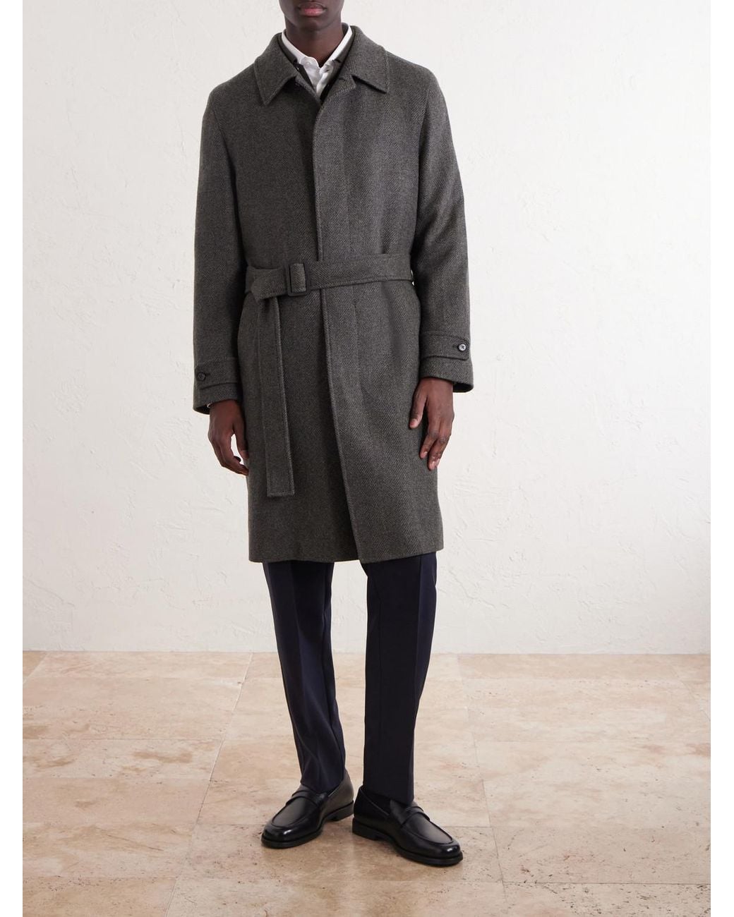 Zegna Gray Oasi Belted Herringbone Cashmere Trench Coat for men