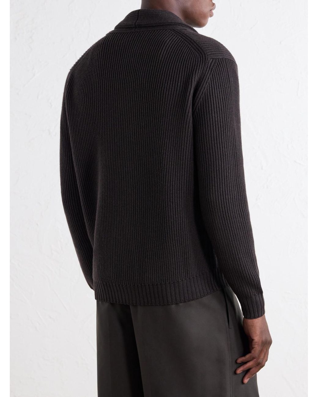 Thom Sweeney Black Shawl-Collar Ribbed Merino Wool Cardigan for men